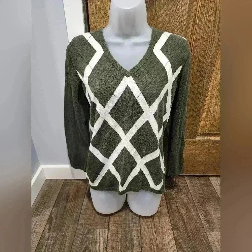 Tommy Hilfiger Women's Sweater Med Green And White V-Neck Pullover SOFT